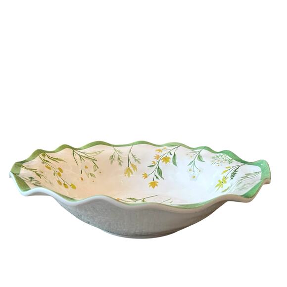 Shabby Chic Green Floral Bumblebee Melamine Serving Bowl 14" Round Scalloped NEW - Picture 2 of 13